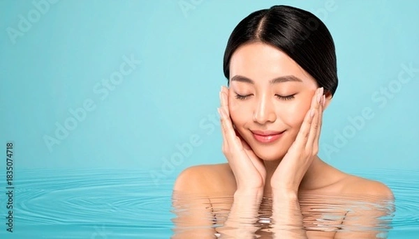 Obraz 【スキンケア】化粧品で肌の保湿をする美容モデル：潤い