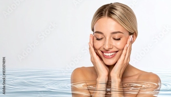 Obraz 【スキンケア】化粧品で肌の保湿をする外国人美容モデル：潤い