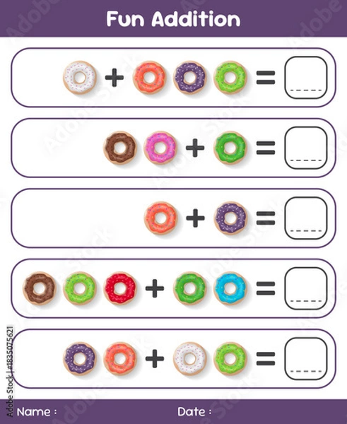 Fototapeta Game for children addition by counting donuts. Educational mathematical game. Addition game for children. Kids activity sheet. Template for addition