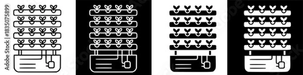 Fototapeta Four variations of vertical hydroponic systems with water circulation, displayed in black and white outline style