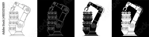 Fototapeta Four variations of robotic arm placing objects a study in black, white, and line art