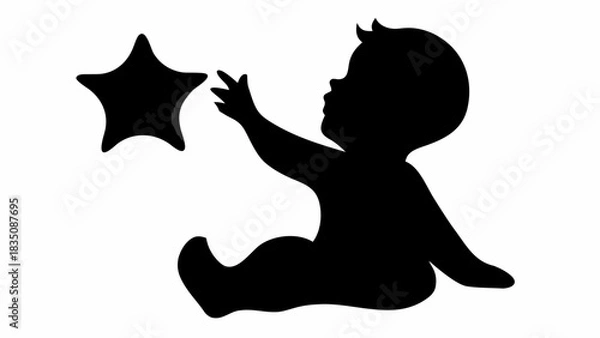 Fototapeta Silhouette of a baby reaching for a star shaped object in a black and white illustration style image