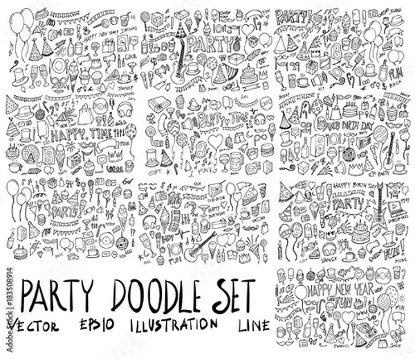 Fototapeta Set of Party illustration Hand drawn doodle Sketch line vector eps10