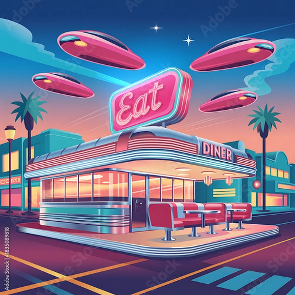 Obraz Retro Diner with Flying Saucers