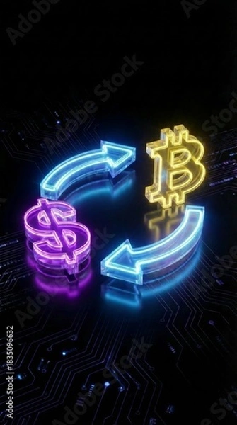 Obraz Neon glowing dollar and bitcoin symbols connected by curved arrows on a dark circuit board background, symbolizing cryptocurrency exchange and digital finance.