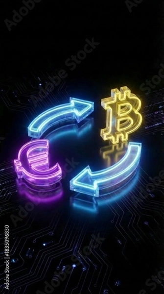 Obraz Neon glowing euro and bitcoin symbols connected by blue curved arrows on a futuristic circuit board background, representing cryptocurrency and digital currency exchange.