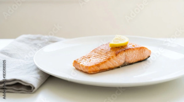 Fototapeta Perfectly Cooked Salmon Fillet with Lemon Slice on White Plate, Healthy and Delicious Meal