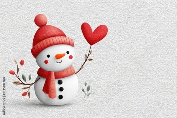 Obraz Soft watercolor snowman with heart for winter holiday design on white background