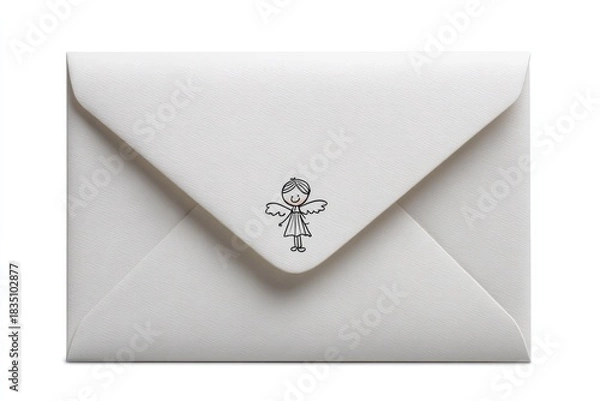 Obraz Elegant white envelope featuring cute angel sketch on isolated clean background for invitations, announcements, and special occasions