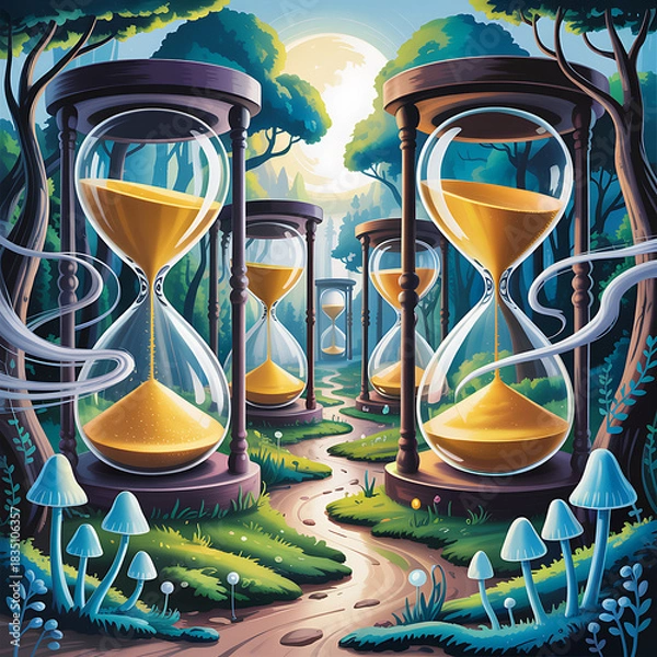 Obraz Surreal Time Journey Hourglasses in Enchanted Forest