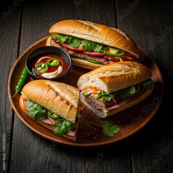 Obraz Banh mi style sandwiches arranged on a plate on a dark rustic table creating a warm Asian mood