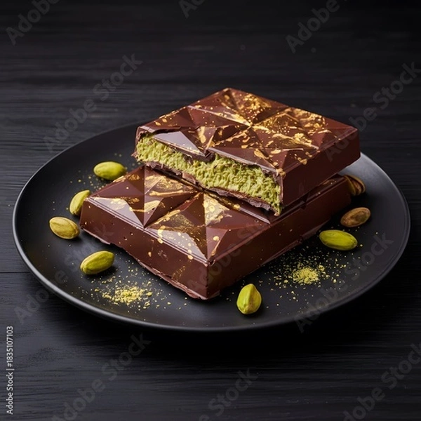 Obraz Dubai chocolate bar placed on a black plate with dark wood table background