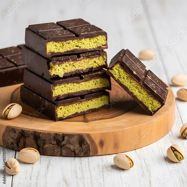 Obraz Stacked Dubai chocolate bars placed on wooden base with rustic wood table background