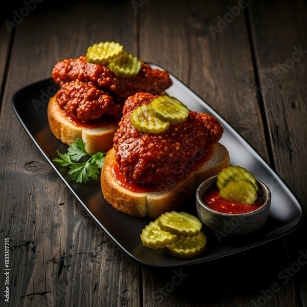 Obraz Nashville hot chicken on toast on a dark plate with flavorful rustic food presentation