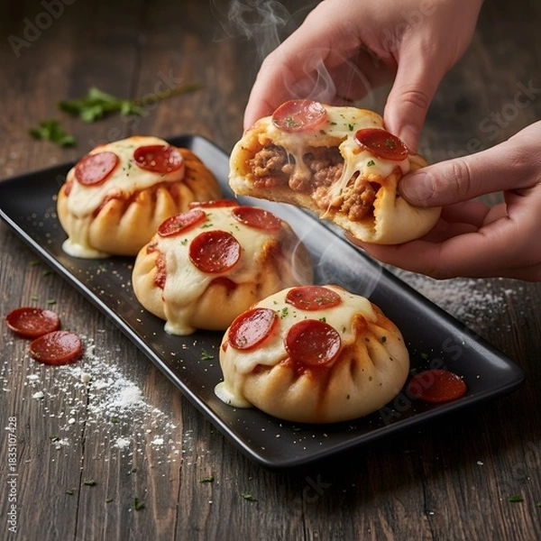 Obraz Pepperoni pizza bao buns are arranged split open showing soft dough and melted filling