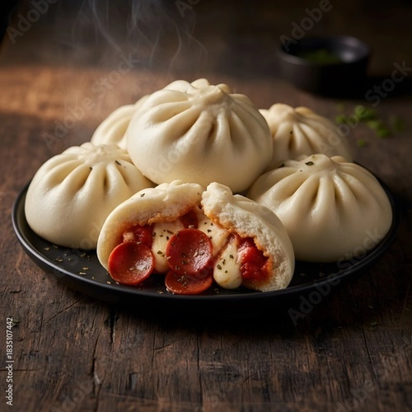 Obraz Pepperoni pizza bao buns are served split open showing warm melted filling on a black plate