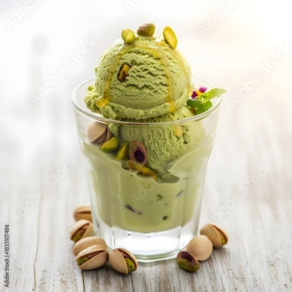 Obraz Pistachio ice cream is served in a glass creating a smooth sweet dessert presentation
