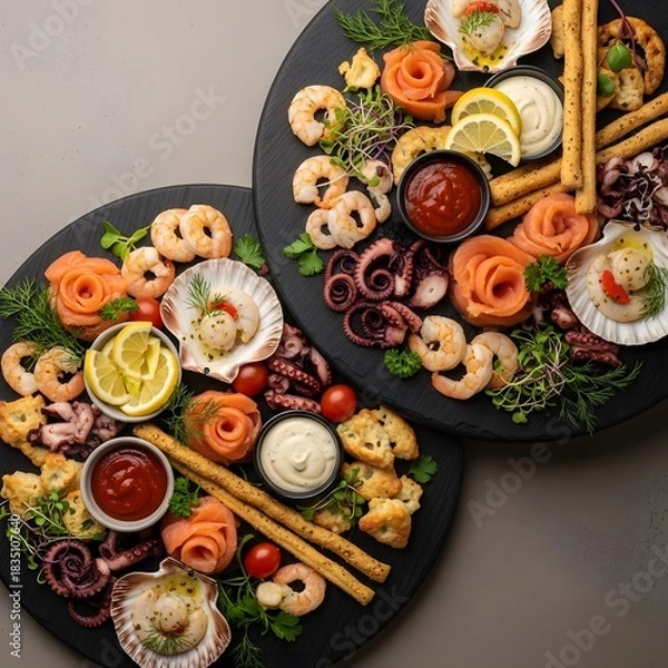Obraz Seacuterie board is set on a dark plate presenting a refined fresh seafood assortment