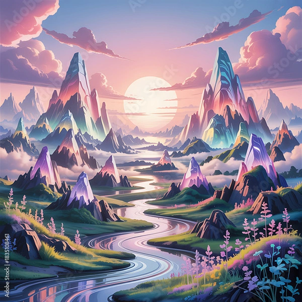 Obraz Enchanting Crystal Mountains at Sunset River