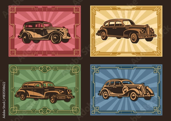 Fototapeta 1930s - 1940s Cars, Retro Cars Poster Set, Art Deco Frames, Classic Automobiles, Old Color Palette