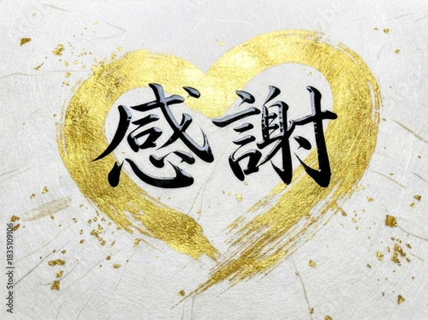 Obraz 金箔のハートに感謝の筆文字を添えた和紙風デザイン