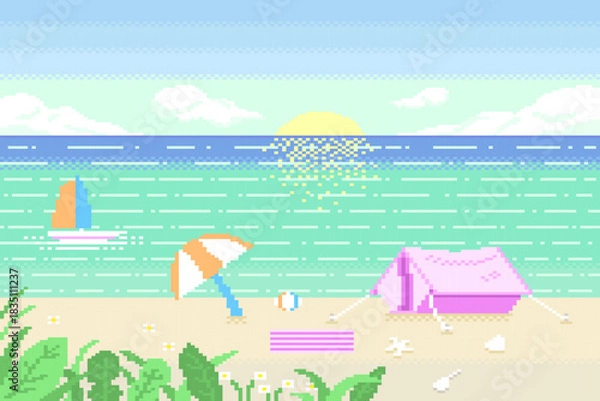 Obraz Summer seascape with tent on beach and sailboat on sky background pixel.