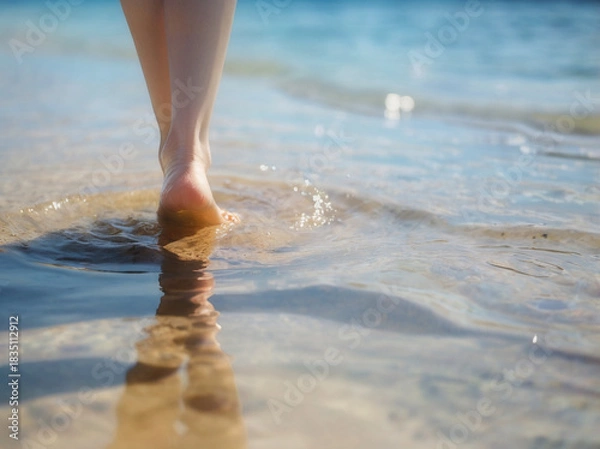 Obraz 波打ち際で足を濡らす