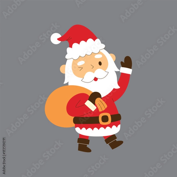 Obraz Cute cartoon Santa Claus waving hand and carrying a gift sack, isolated on a grey background.