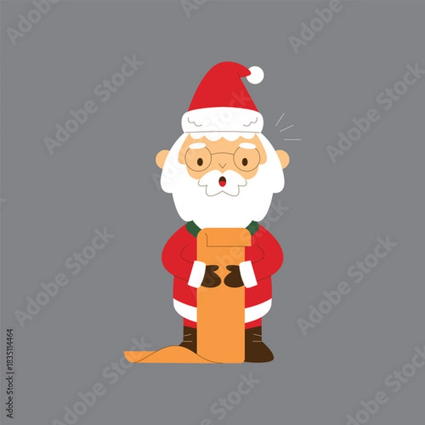 Obraz A cartoon illustration of Santa Claus with glasses holding a long unrolled scroll or list, looking surprised on a grey background.