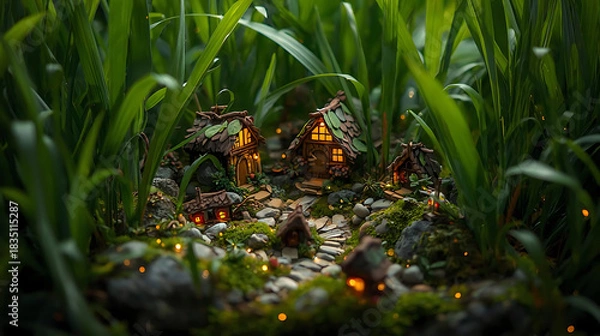 Obraz Enchanting Miniature Fairy Village Scene with Tiny Houses, Mossy Stones, and Glowing Lights Hidden Among Lush Green Grass Blades in a Magical