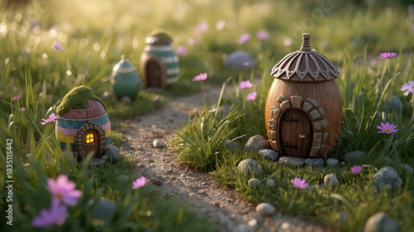 Obraz Enchanting Fairy Village: Miniature Homes Nestled in Lush Green Grass with Delicate Pink Flowers, Creating a Whimsical and Dreamlike Scene in a