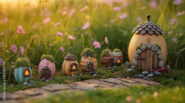 Obraz Enchanting Fairy Village: Miniature Houses in a Lush Meadow with Pink Cosmos Flowers at Sunset, Whimsical Fantasy Landscape, Dreamy and Magical