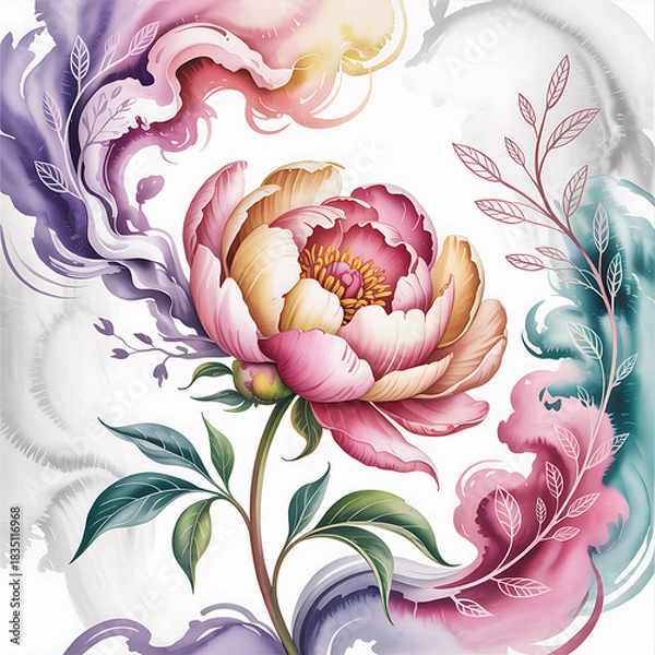 Obraz Elegant Watercolor Peony Bloom with Pastel Swirls