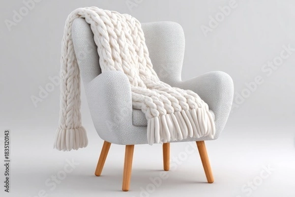 Obraz Cozy armchair with blanket near heater on white background for interior design inspiration