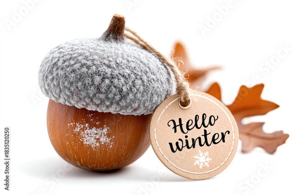 Obraz Frosted acorn greeting card design for winter theme with hello winter tag and oak leaves on white background
