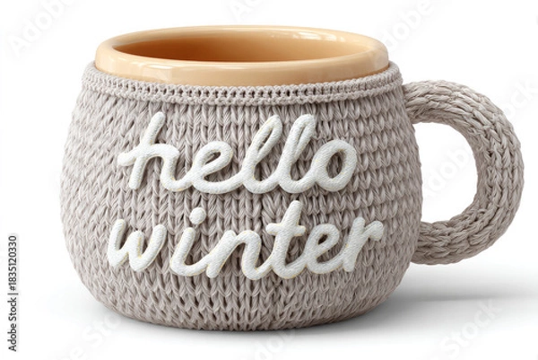 Obraz Cozy knitted mug cover with "hello winter" design for seasonal decoration and gifting
