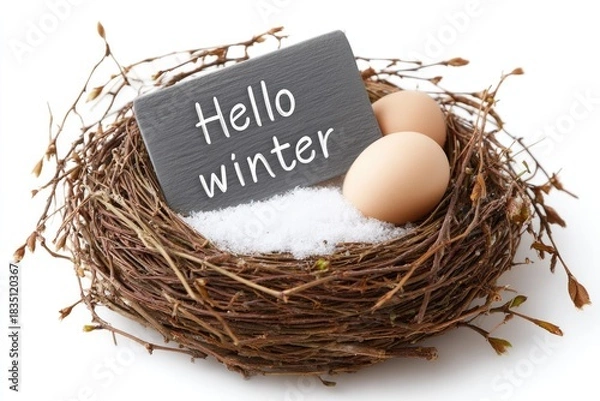 Obraz Cozy winter greeting with snow-dusted twig nest featuring eggs and "hello winter" sign isolated on white background for seasonal design