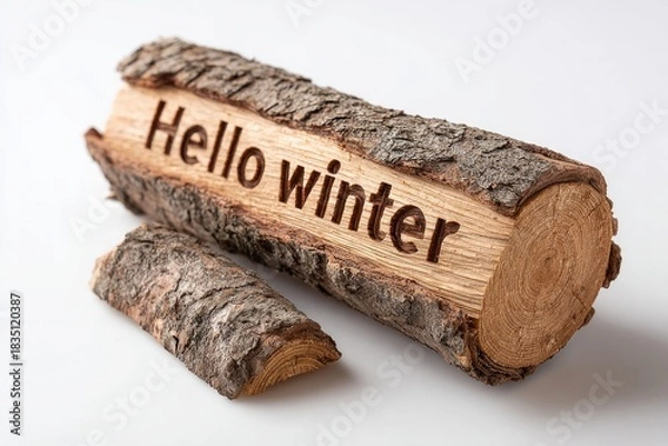 Obraz Hello winter carved bark art on white background for seasonal greeting designs
