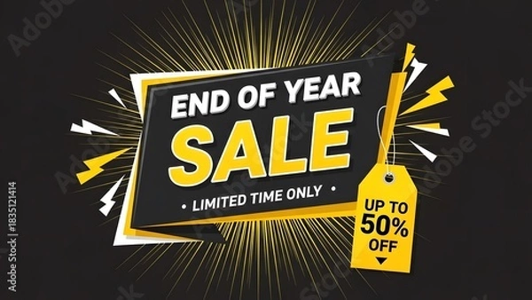 Obraz End of year sale banner design with limited time offer tag up to fifty percent off against a dark background with bright explosion effect