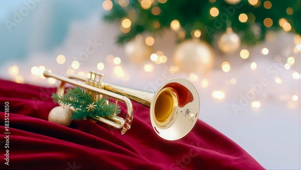 Obraz クリスマスのイルミネーションを背景に赤いベルベットの上に置かれた輝く金色のトランペット