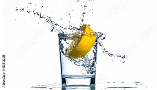 Fototapeta Lemon wedge splashing into clear glass
