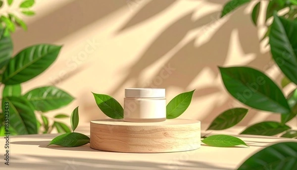 Fototapeta Serene skincare product display with leafy accents