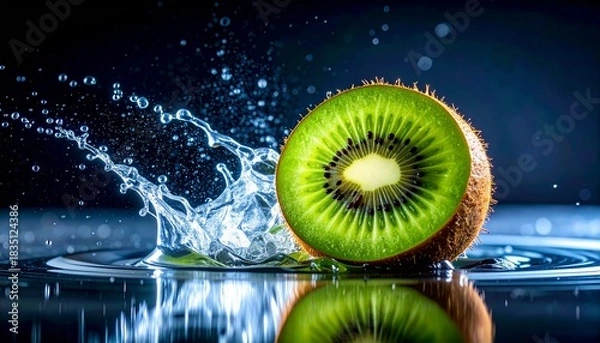 Fototapeta Vibrant kiwi slice amidst water splashes