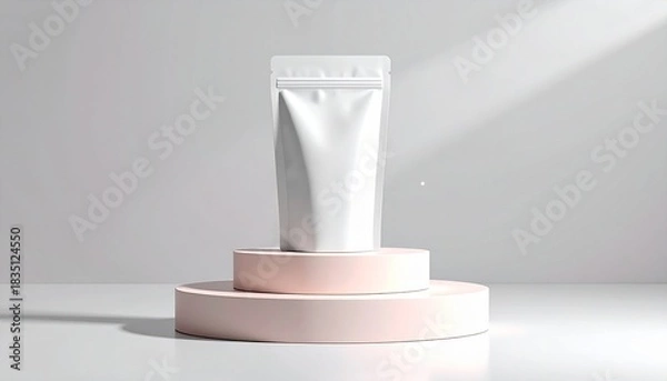 Fototapeta White pouch sits on pink pedestals