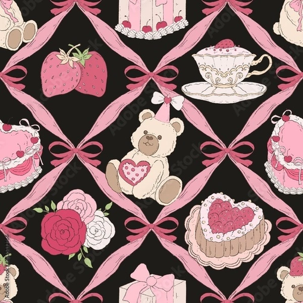 Fototapeta Teddy Bear Valentine Seamless Pattern