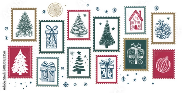 Obraz Christmas stamps, hand drawn illustrations.