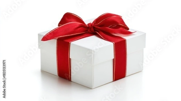 Fototapeta A simple white gift box tied with a vibrant red ribbon is presented against a clean white background.
