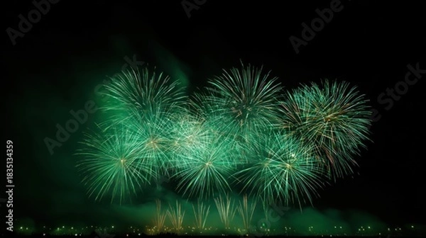 Fototapeta Green fireworks burst in the night sky creating a stunning spectacle