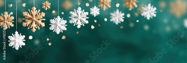 Fototapeta Snowflake ornament hanging on green background with festive christmas sparkle