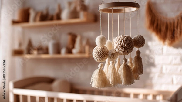 Fototapeta Soft shadows and natural light create a warm atmosphere in this cozy children's room. The boho-style mobile adds charm above the crib, enhancing comfort